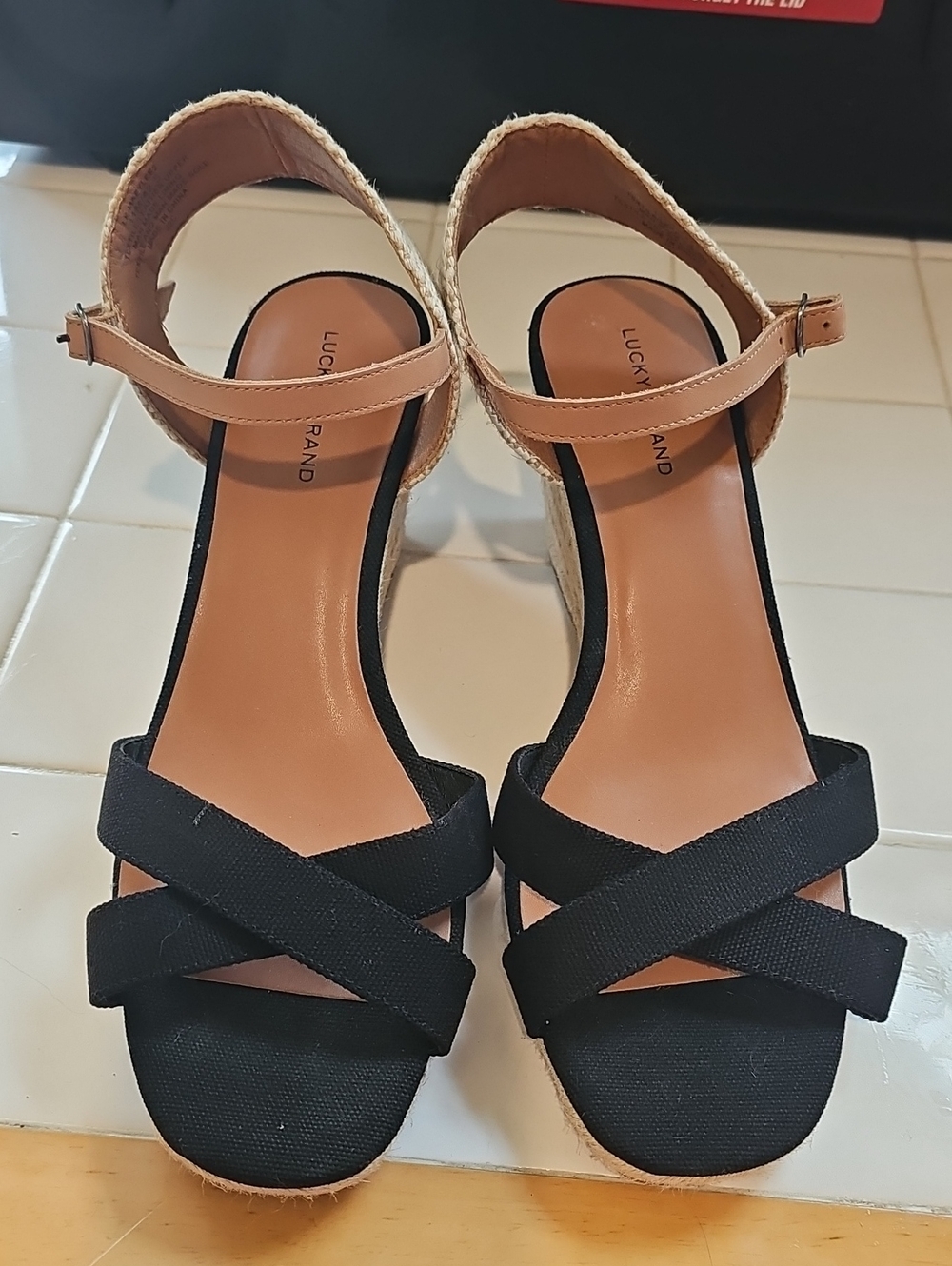 Lucky Brand Black and Tan Ankle-Strap Espadrille Wedges
